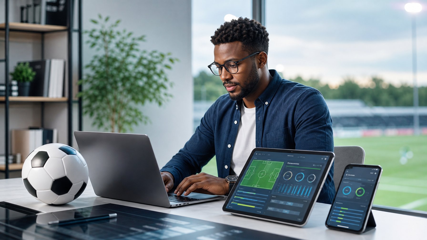 Analis olahraga memeriksa data pertandingan sepak bola di laptop dan perangkat seluler di meja modern.