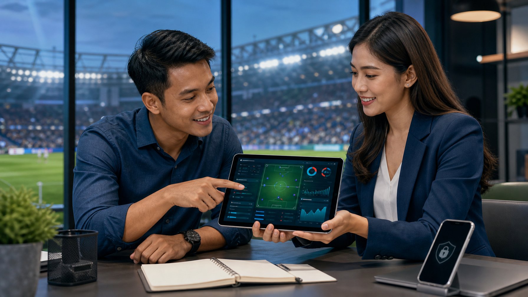 Dua orang dewasa berdiskusi menggunakan tablet di ruang kerja modern dengan latar stadion sepak bola yang buram.