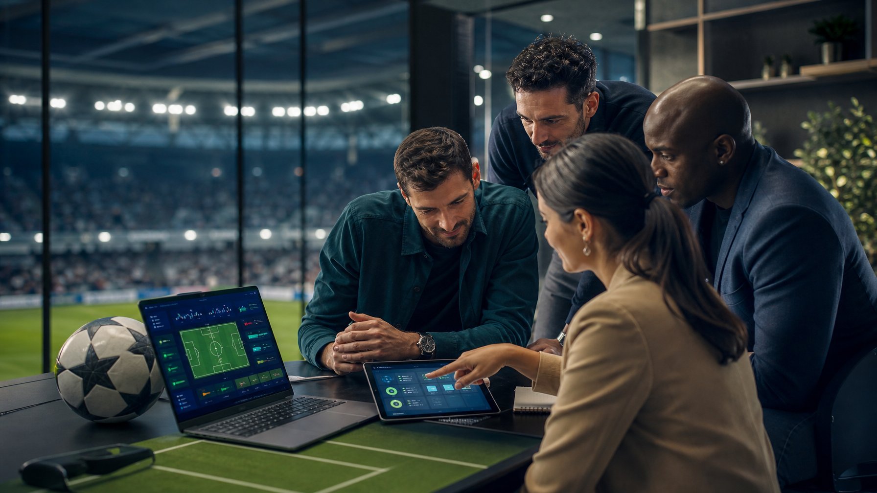 Sekelompok orang dewasa menganalisis pertandingan sepak bola bersama di ruang kerja modern.