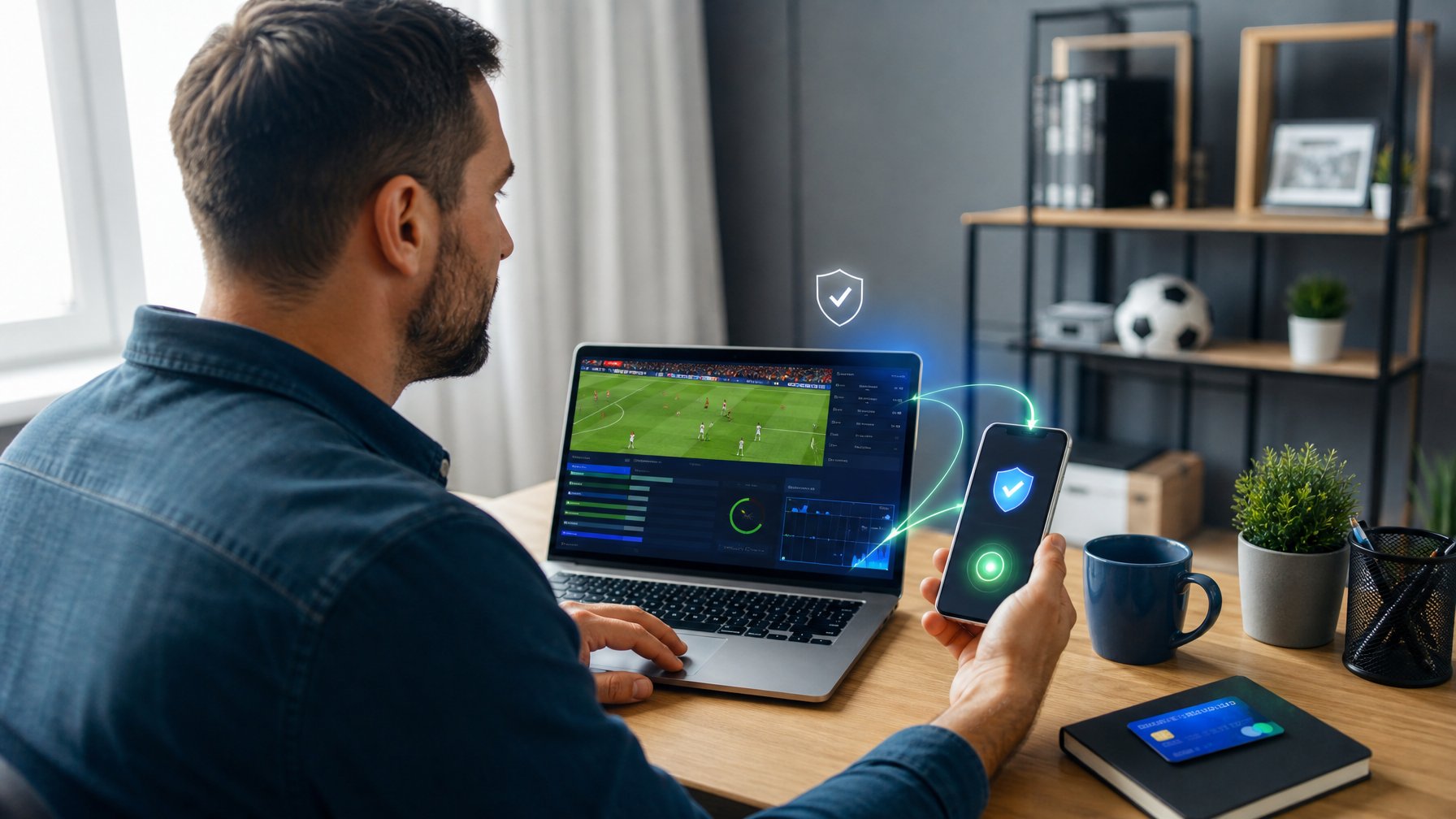 Seseorang menggunakan laptop dan ponsel untuk melakukan transaksi taruhan olahraga secara digital.
