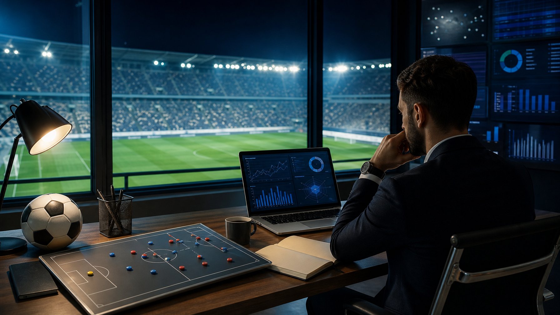 Analis sepak bola mempelajari data pertandingan di meja kerja dengan stadion yang terang di latar belakang.