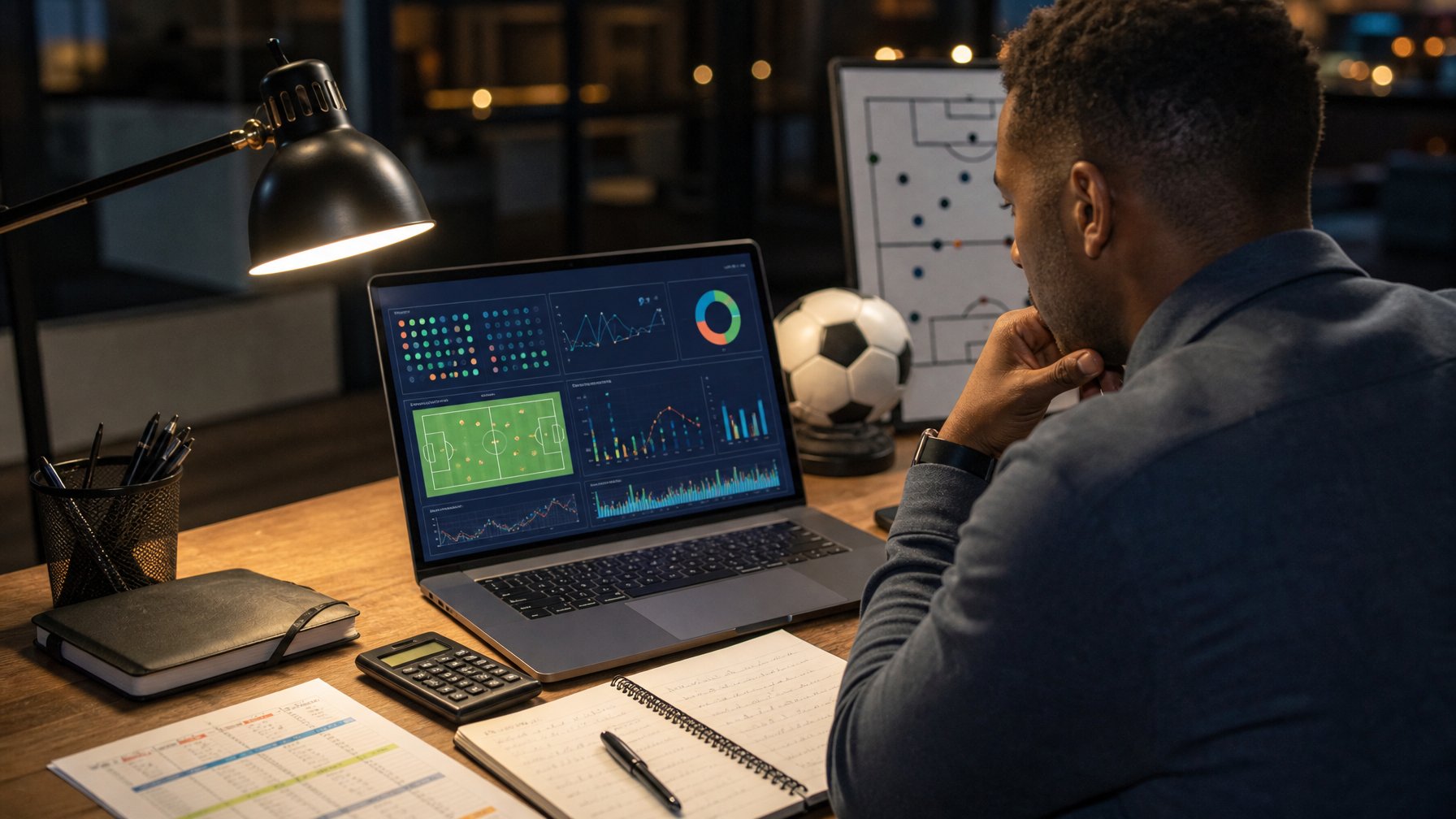Analis olahraga membandingkan grafik statistik sepak bola di meja kerja dengan sebuah bola di latar belakang.