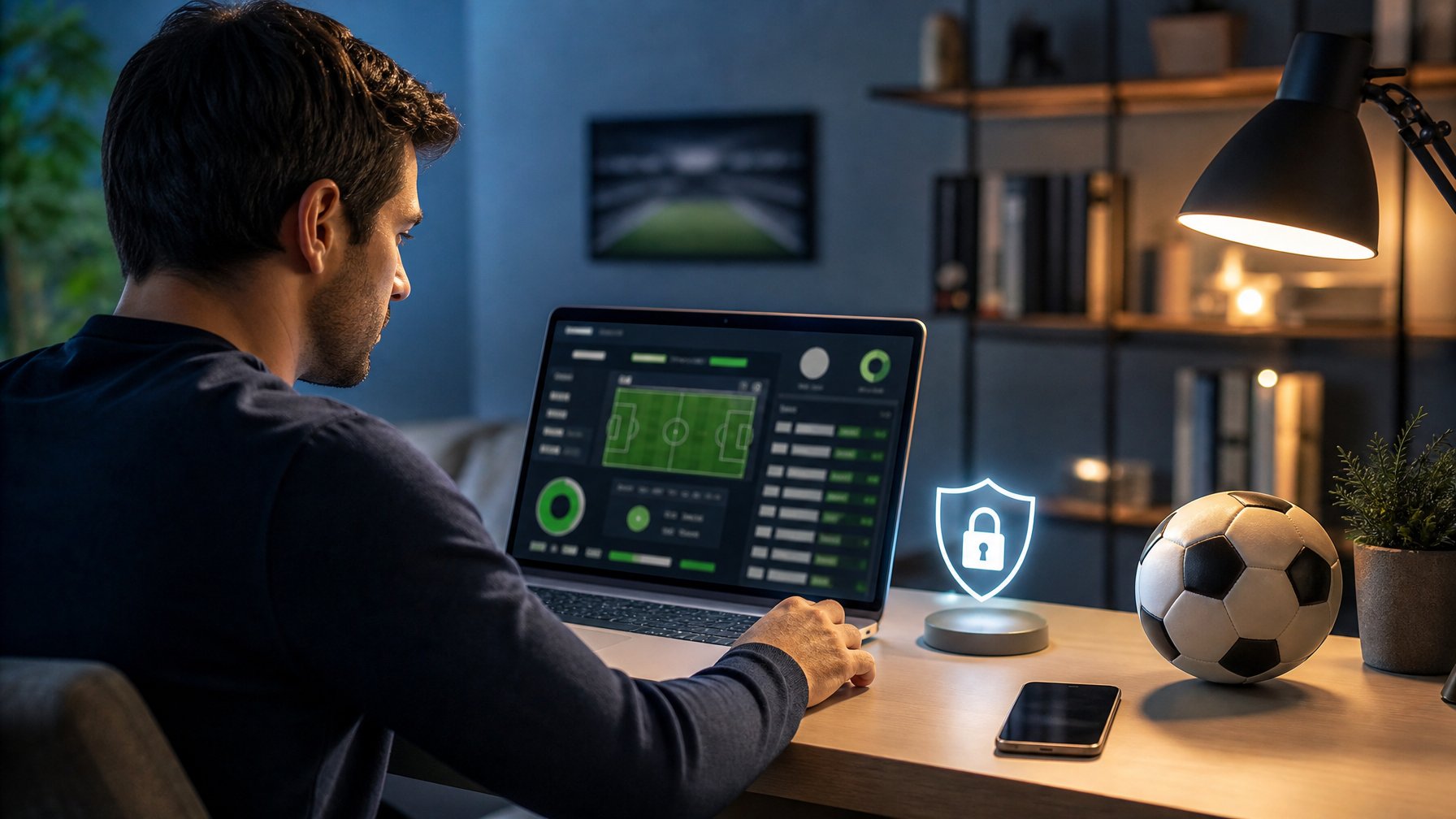 Seseorang menggunakan laptop dengan tampilan digital bertema sepak bola di meja kerja modern.