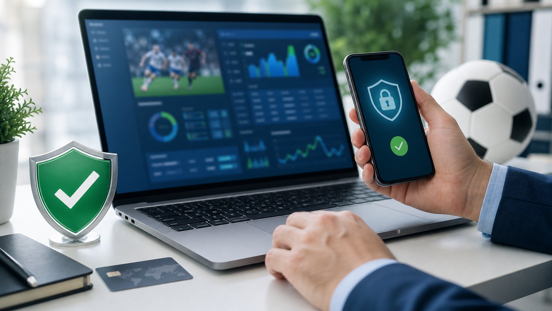 Seseorang meninjau informasi keamanan platform olahraga digital di meja kerja dengan laptop, ponsel, dan bola sepak.