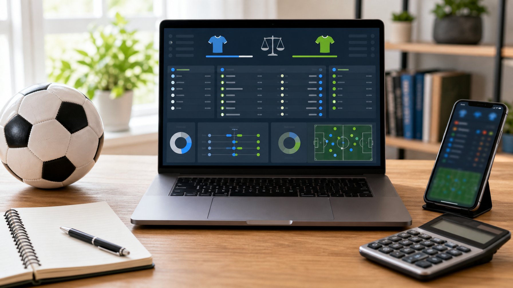 Meja kerja dengan laptop yang menampilkan analisis pertandingan sepak bola dan indikator handicap, disertai bola, kalkulator, serta buku catatan kosong.