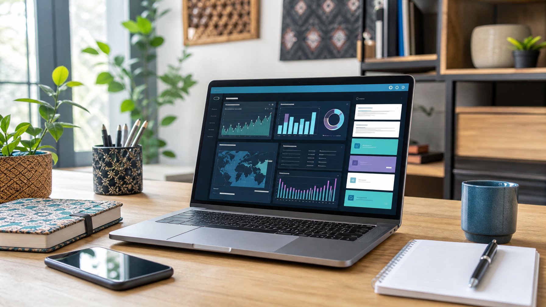 Meja kerja modern dengan laptop menampilkan grafik analitik dan perangkat untuk merencanakan konten digital.