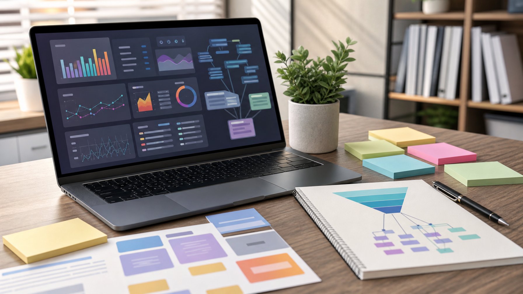 Meja kerja pemasaran digital dengan laptop yang menampilkan grafik analitik abstrak dan catatan riset kata kunci.
