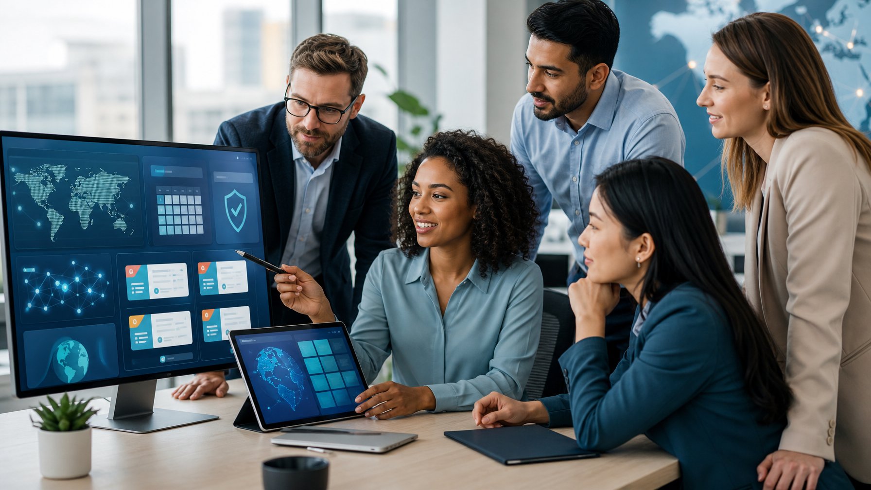 Tim profesional menganalisis dashboard data digital dengan simbol keamanan dan peta dunia di ruang kantor modern.