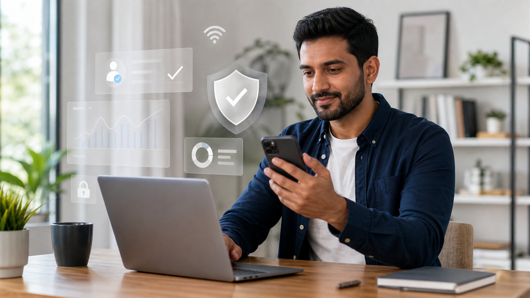 Orang dewasa menggunakan laptop dan ponsel di ruang kerja modern dengan tampilan antarmuka digital yang aman dan mudah diakses.