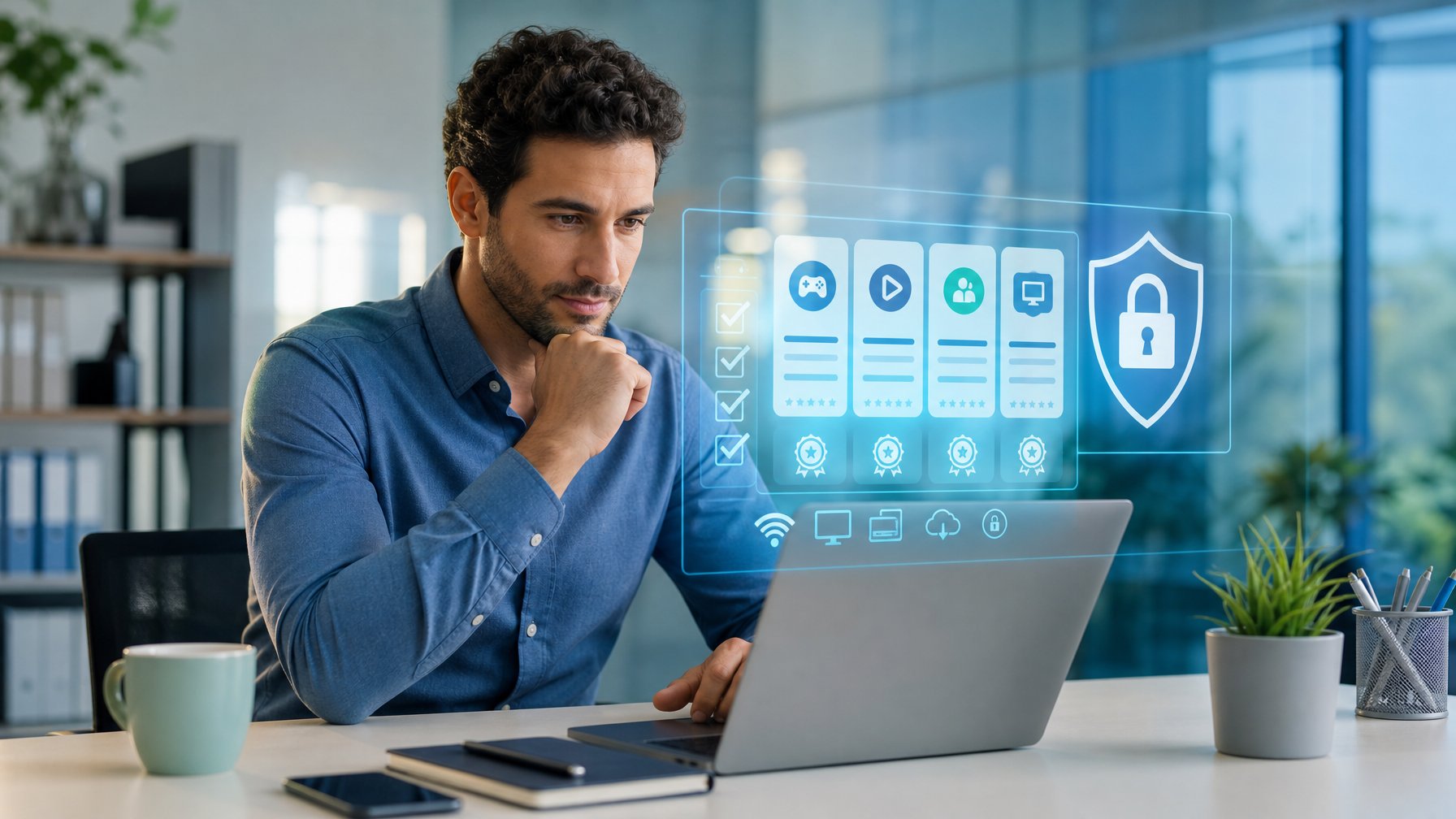 Seorang profesional membandingkan beberapa pilihan platform digital di laptop dengan simbol keamanan dan verifikasi.