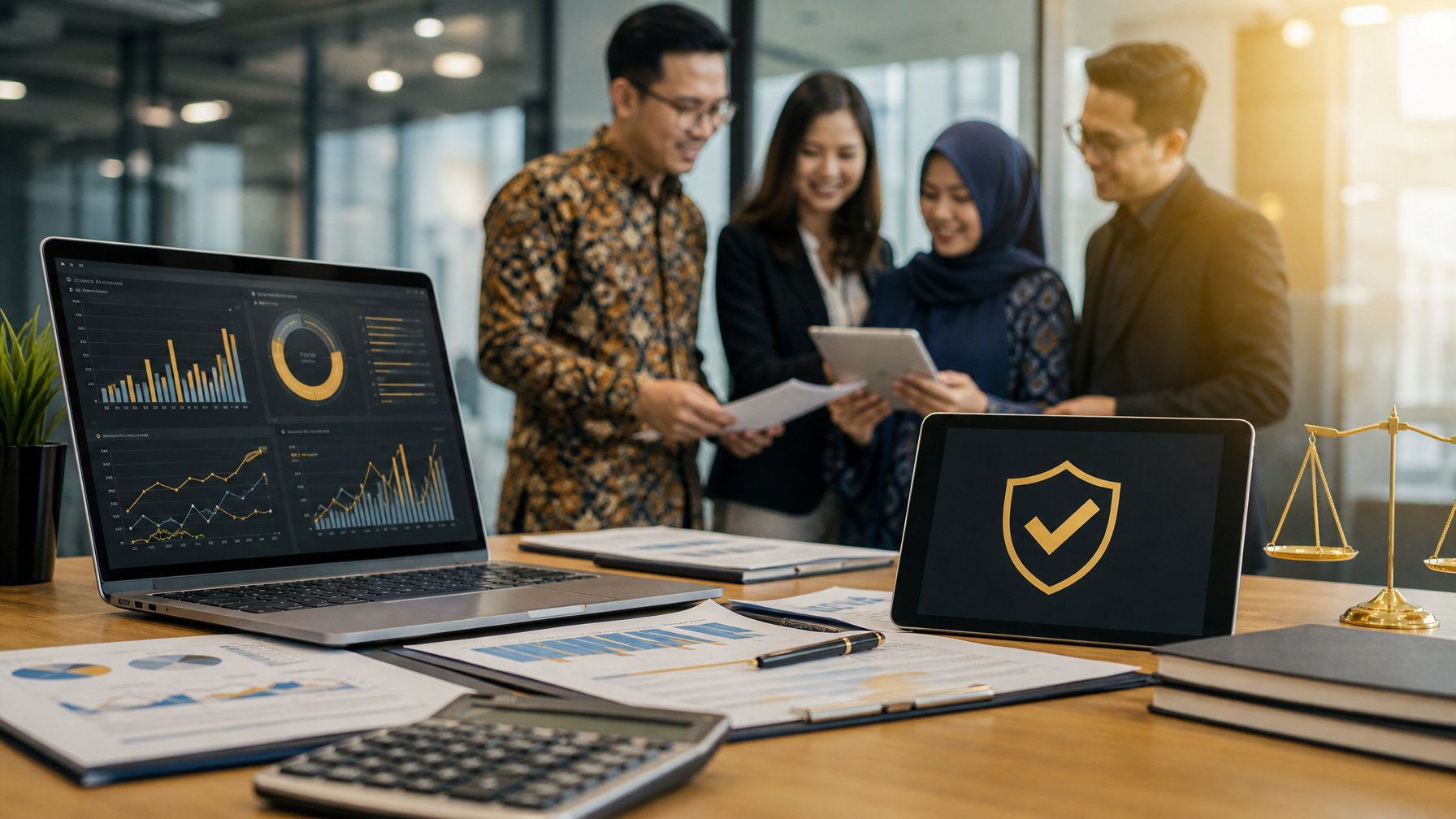 Tim profesional bekerja di kantor dengan laptop, dokumen, kalkulator, dan simbol keamanan.