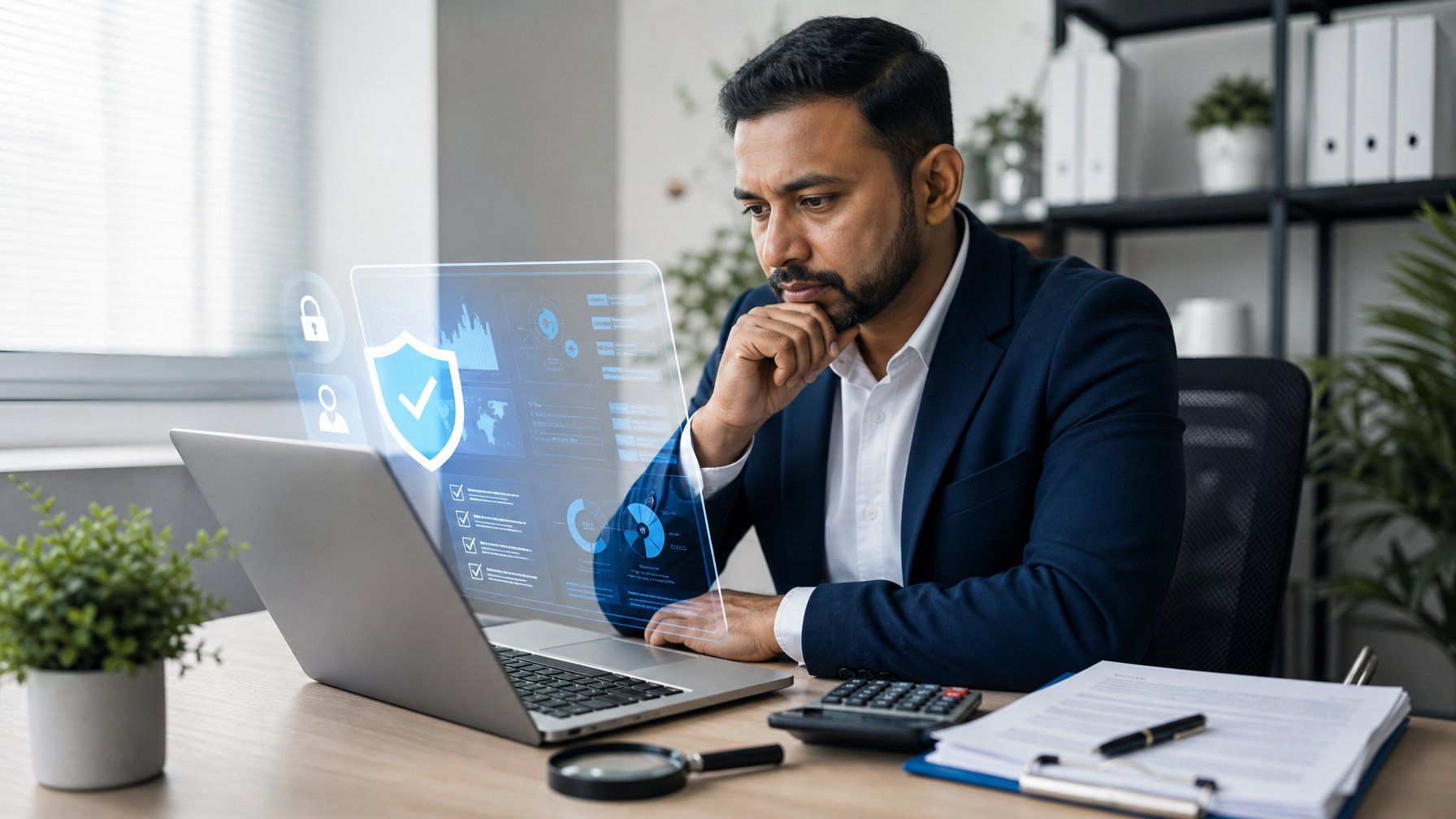 Analis memeriksa keamanan dan kepatuhan sebuah platform digital menggunakan laptop dan dokumen.