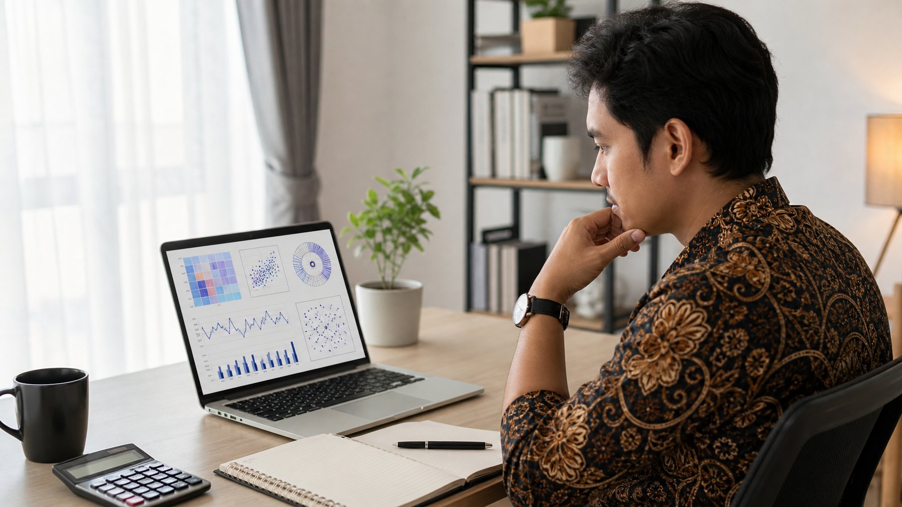 Seseorang menganalisis grafik dan angka di laptop di meja kerja.