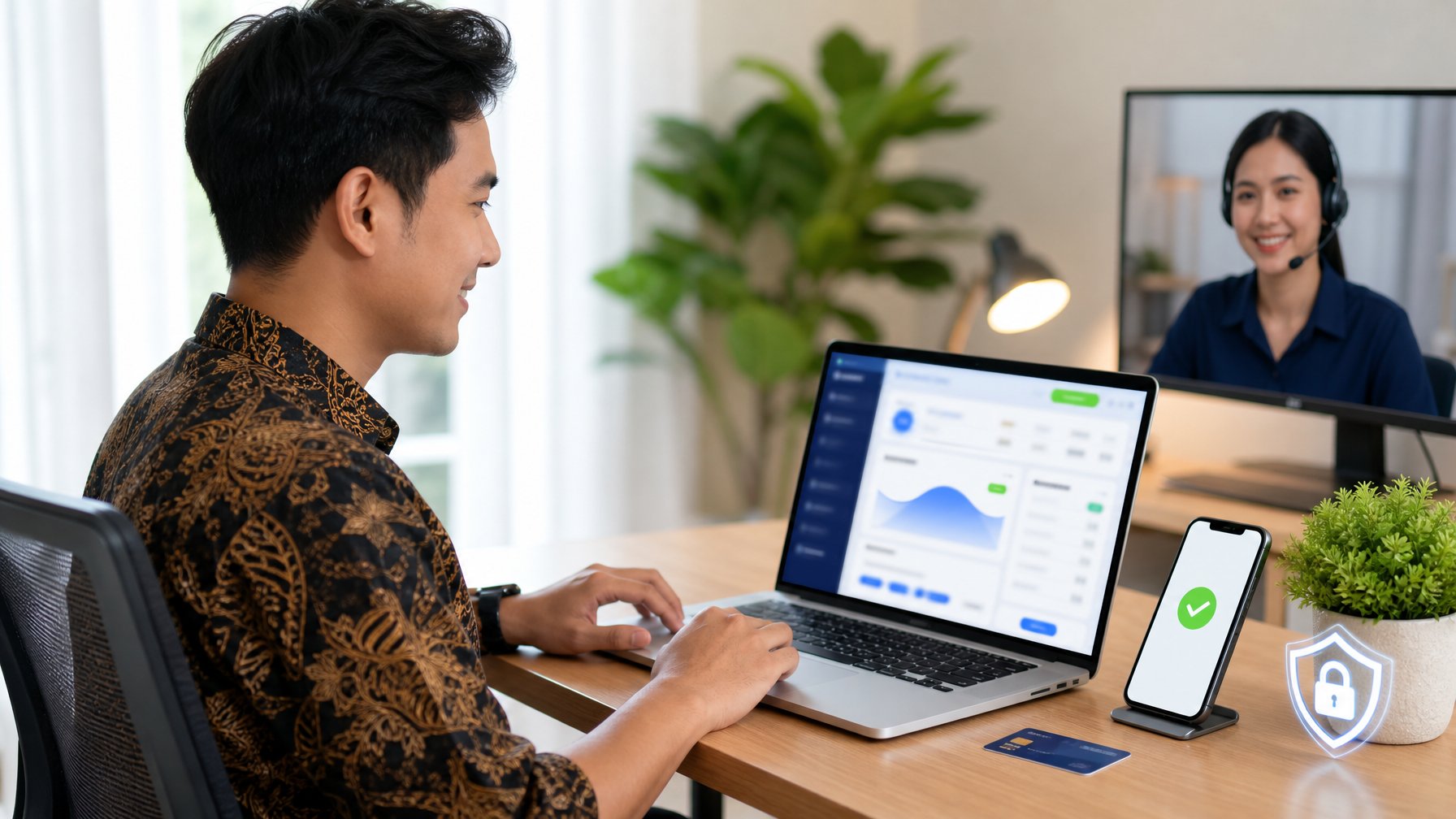 Orang dewasa menggunakan laptop untuk memeriksa akun digital dengan simbol keamanan dan konfirmasi pembayaran.