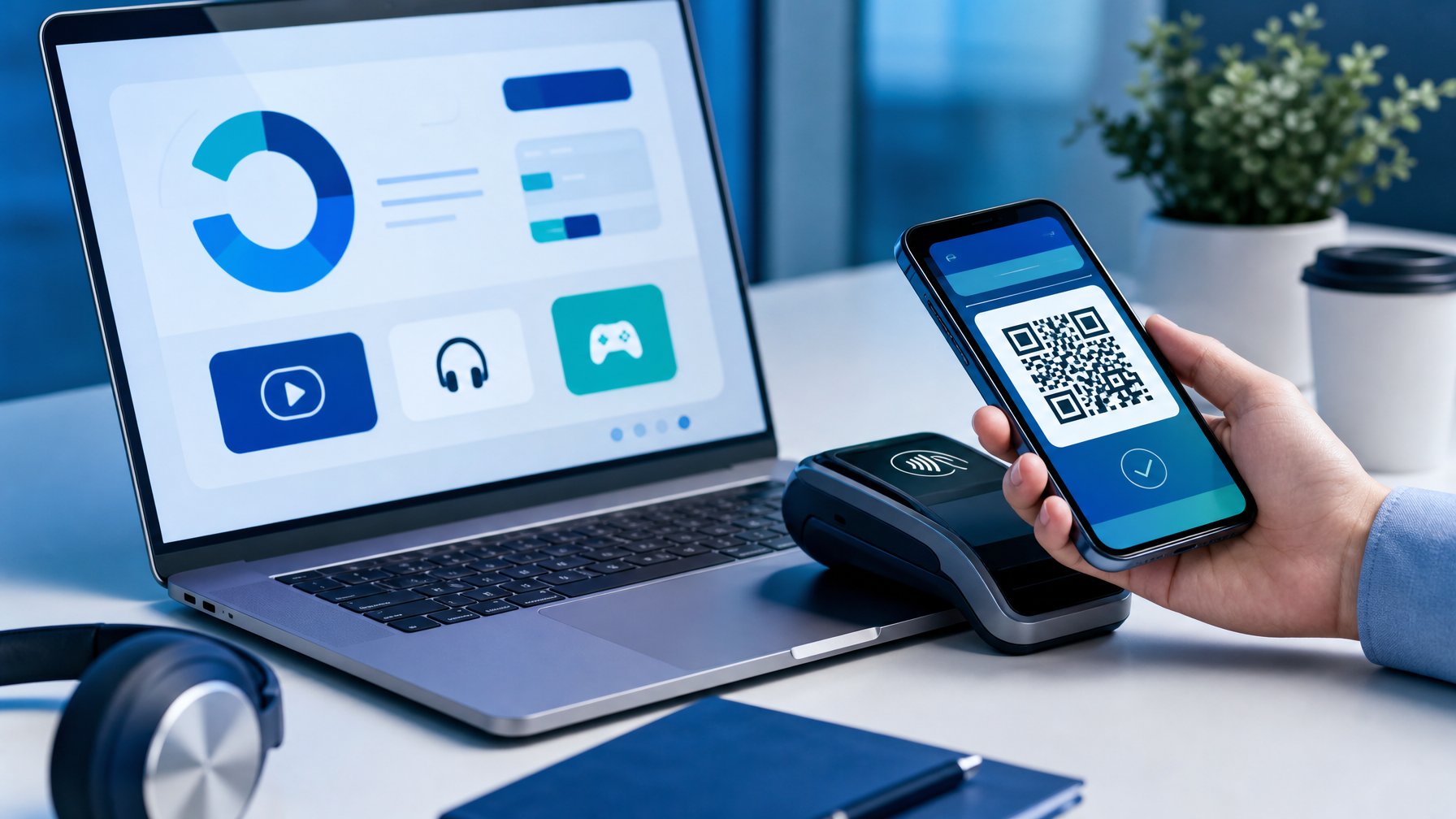 Smartphone dan laptop menampilkan antarmuka pembayaran digital abstrak di atas meja modern.