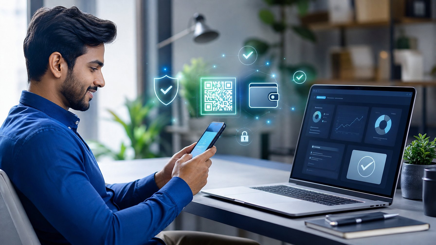 Pengguna memeriksa pembayaran digital yang aman dengan simbol perisai dan dompet elektronik di ruang kerja modern.