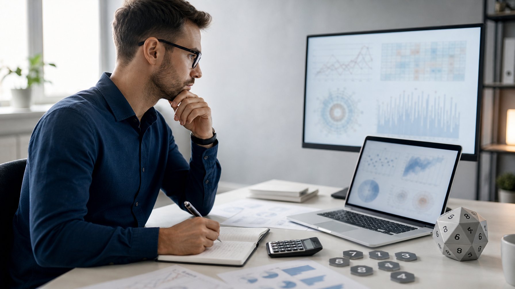 Seorang analis mempelajari pola angka dan grafik statistik di meja kerja modern.
