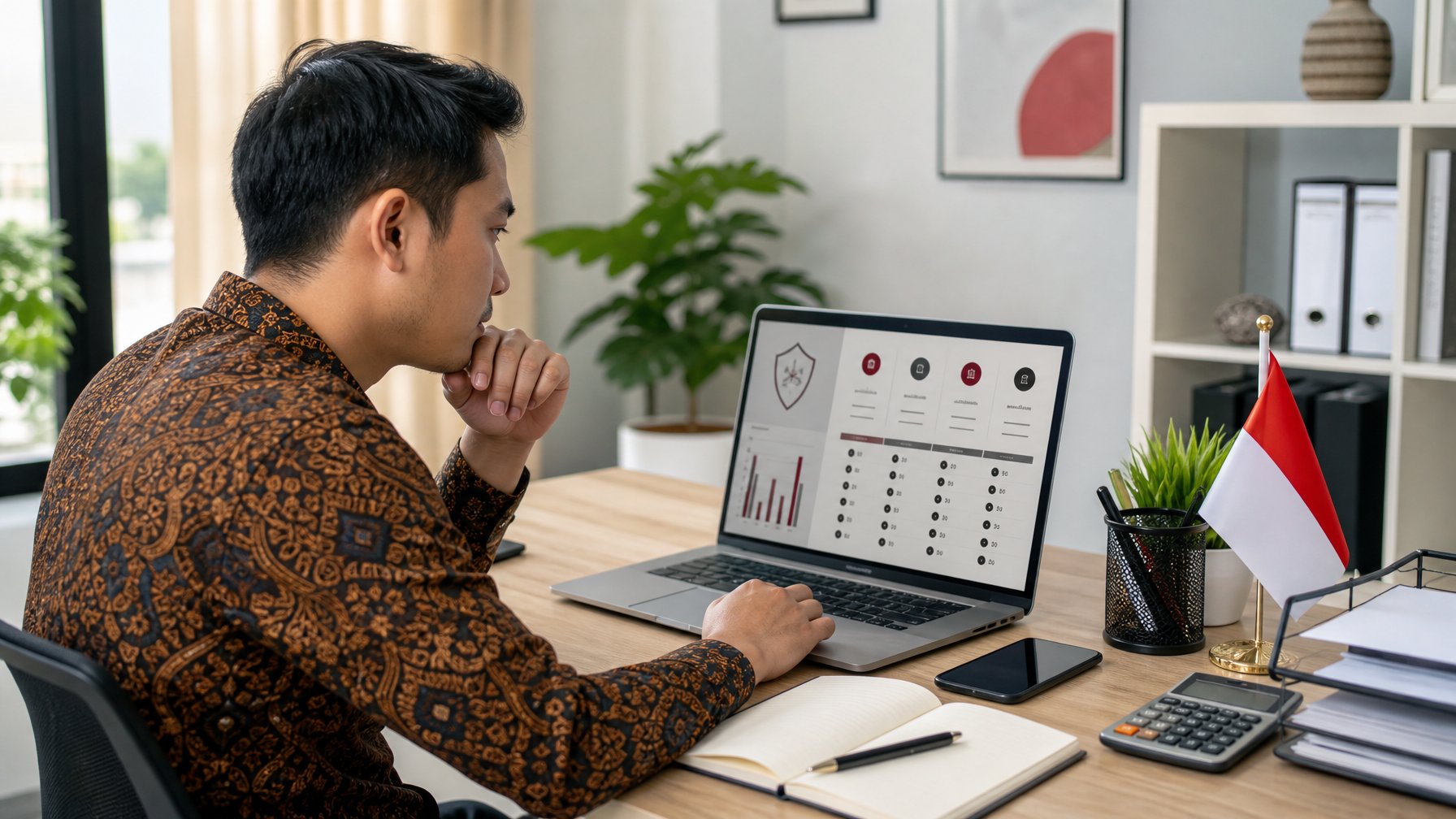 Seseorang di ruang kerja sedang membandingkan beberapa pilihan layanan secara hati-hati menggunakan laptop dan catatan.