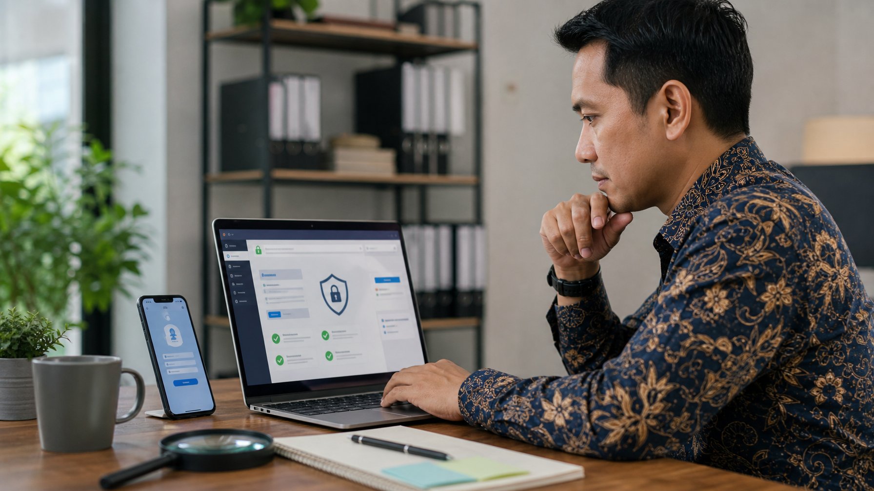 Seorang profesional Indonesia memeriksa keamanan situs pada laptop di meja kerja.