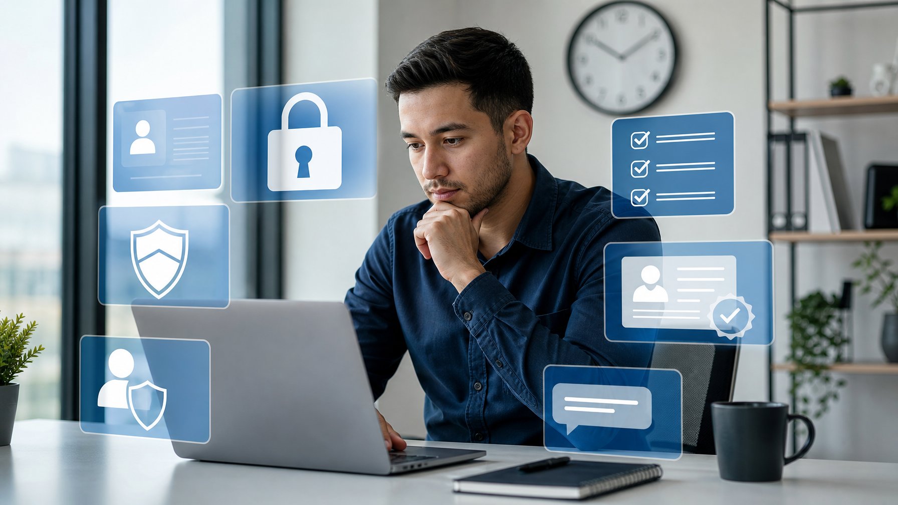 Analis dewasa memeriksa keamanan dan legalitas platform digital di laptop dengan simbol perisai, gembok, dan daftar verifikasi.