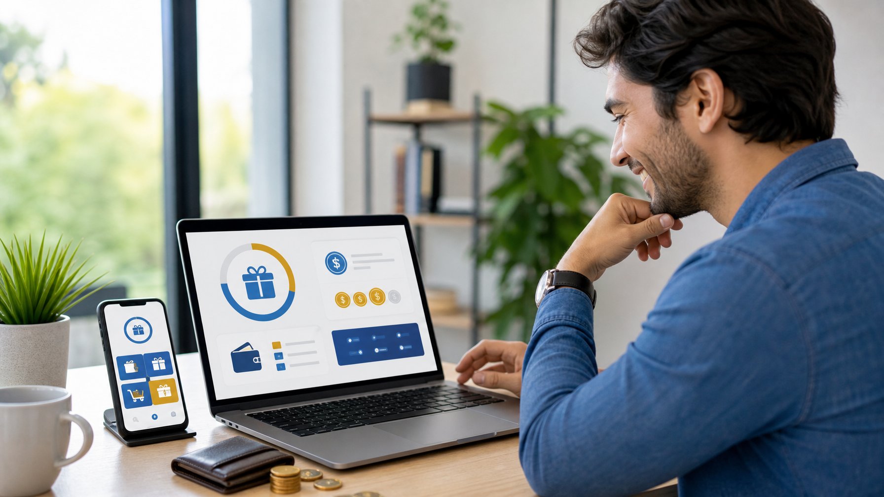 Seseorang memeriksa dasbor hadiah digital di laptop dengan ponsel, dompet, dan koin di meja kerja.