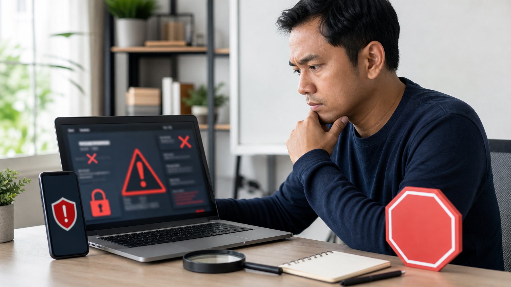 Seseorang memeriksa situs mencurigakan di laptop dengan simbol peringatan dan perlengkapan keamanan digital.