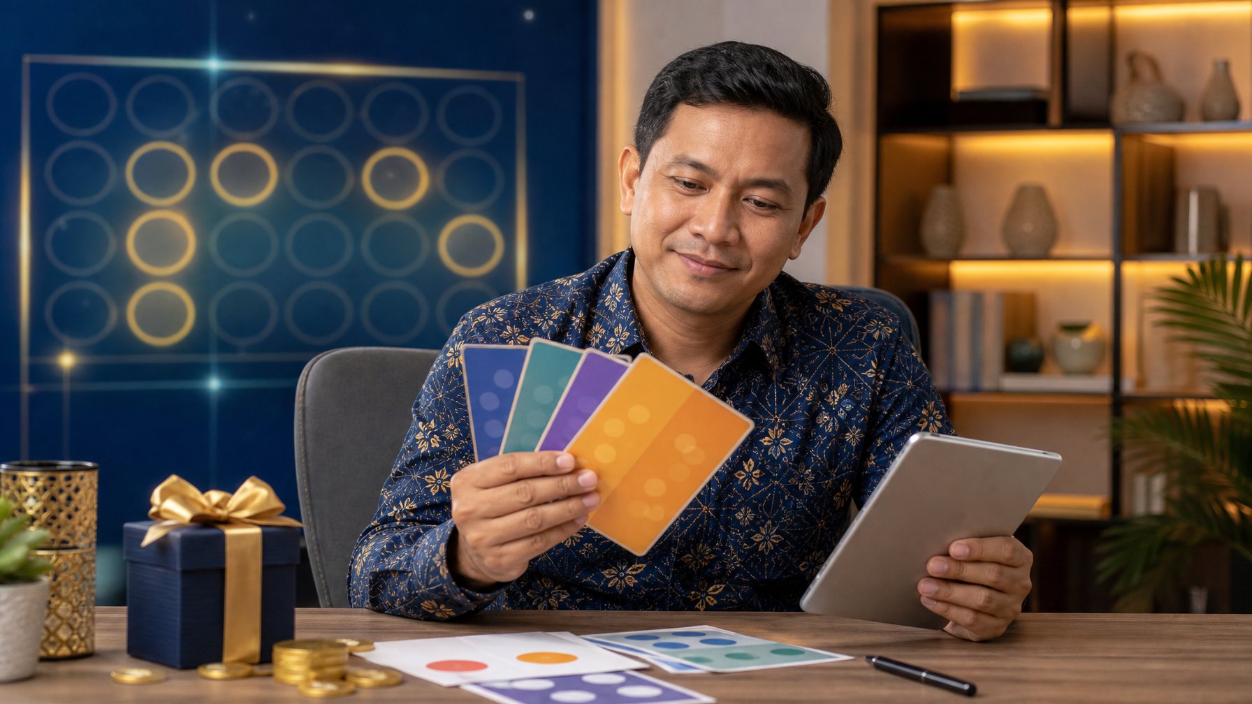 Orang dewasa meninjau kartu angka abstrak dan tablet di meja modern dengan koin emas serta kotak hadiah.