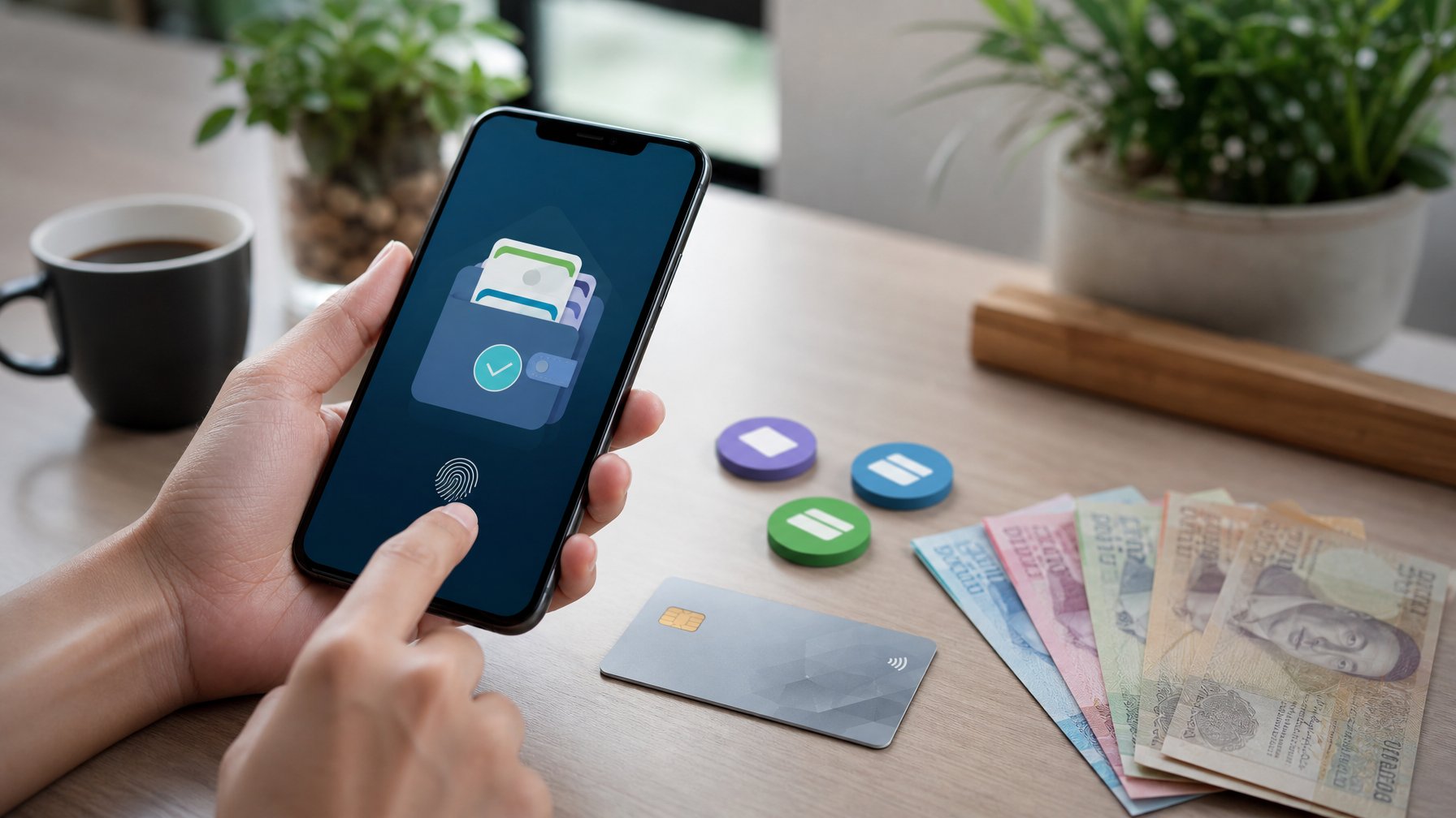 Tangan menggunakan ponsel di samping dompet digital, kartu bank, dan uang rupiah.