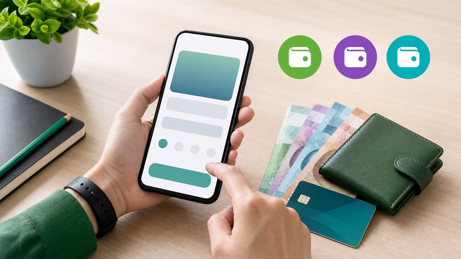 Tangan mengoperasikan ponsel dengan tampilan pembayaran digital dan uang rupiah di atas meja.