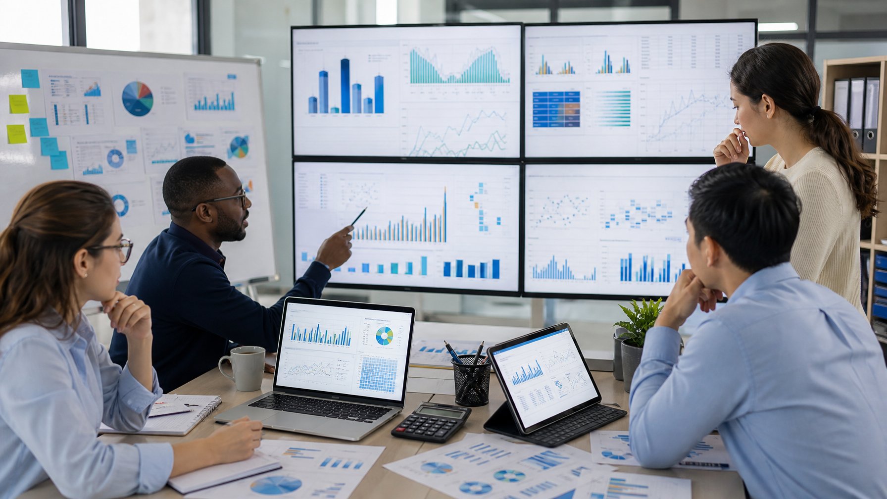 Tim analis meninjau grafik dan tabel data abstrak di ruang kerja modern.