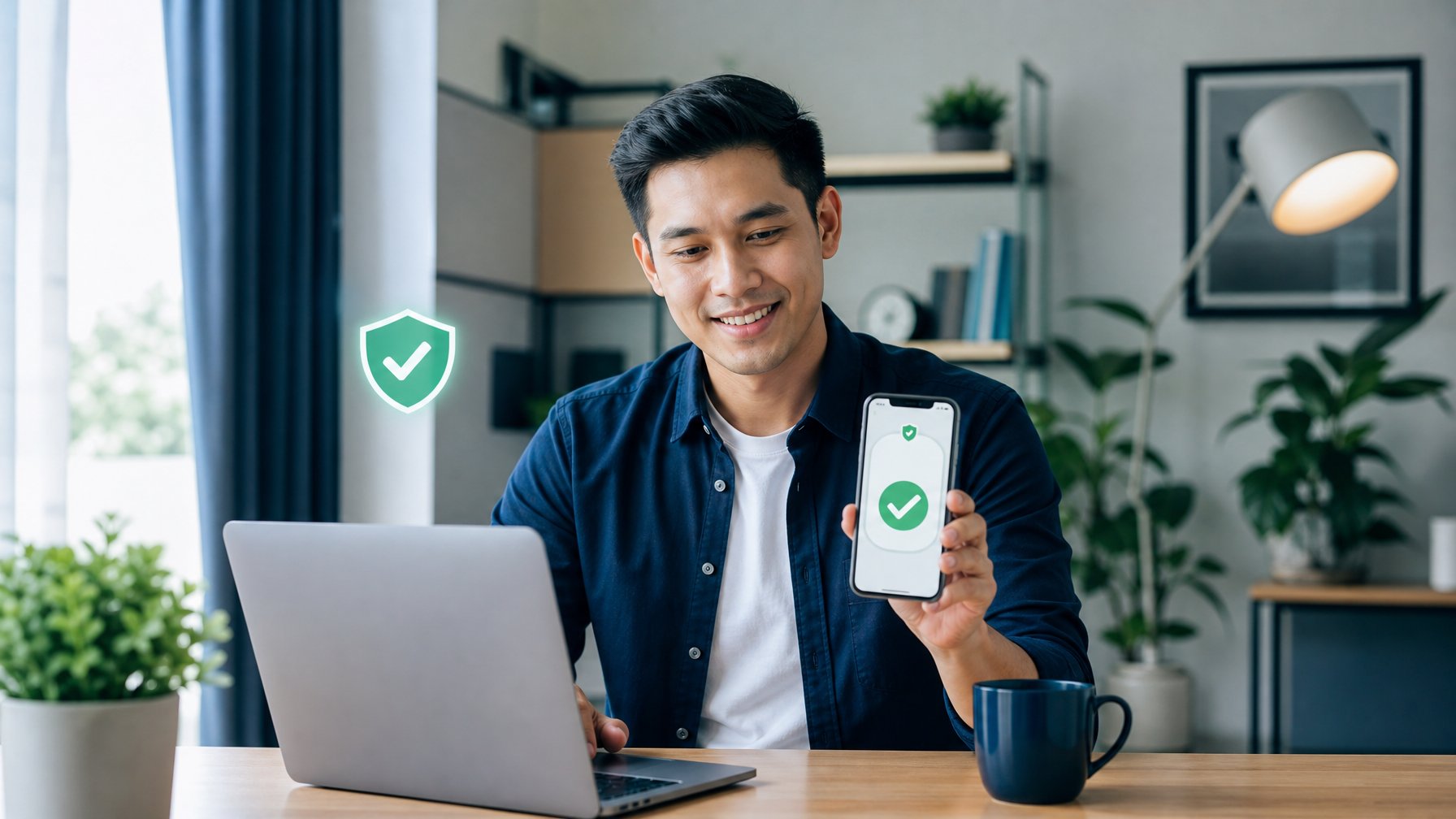 Seseorang menggunakan laptop dan ponsel di meja kerja dengan tanda keamanan dan konfirmasi transaksi.