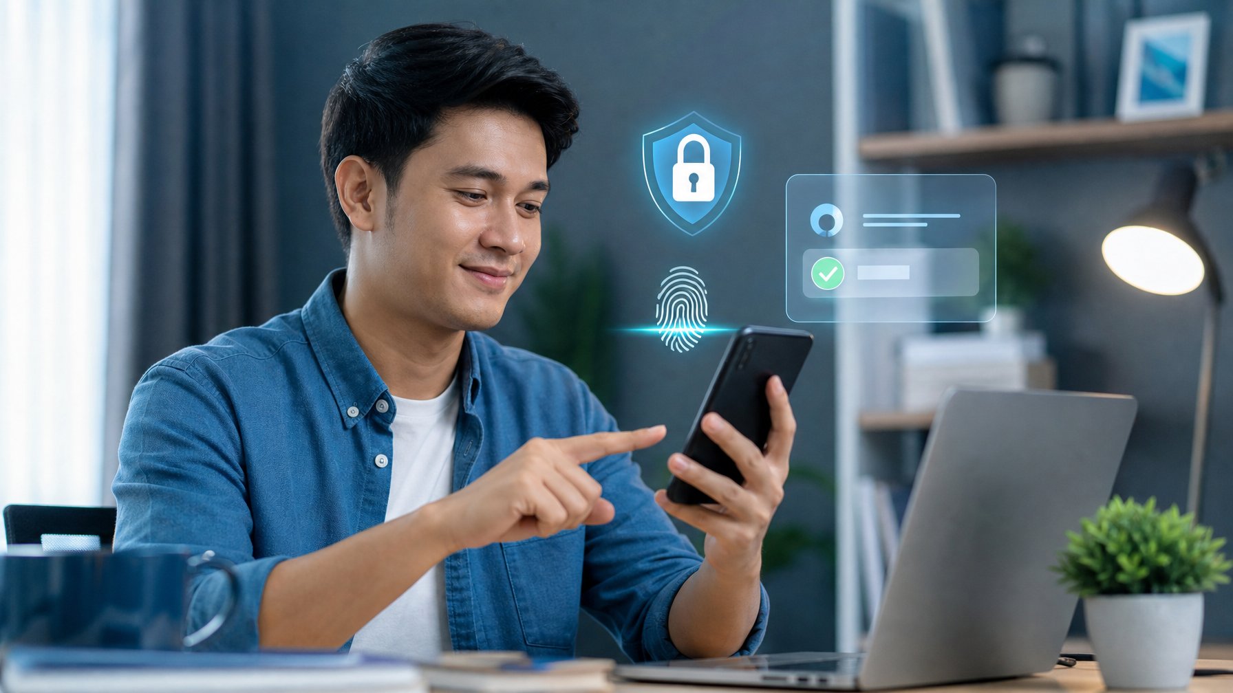 Seseorang menggunakan ponsel untuk melakukan pembayaran dompet digital dengan simbol keamanan di meja kerja.