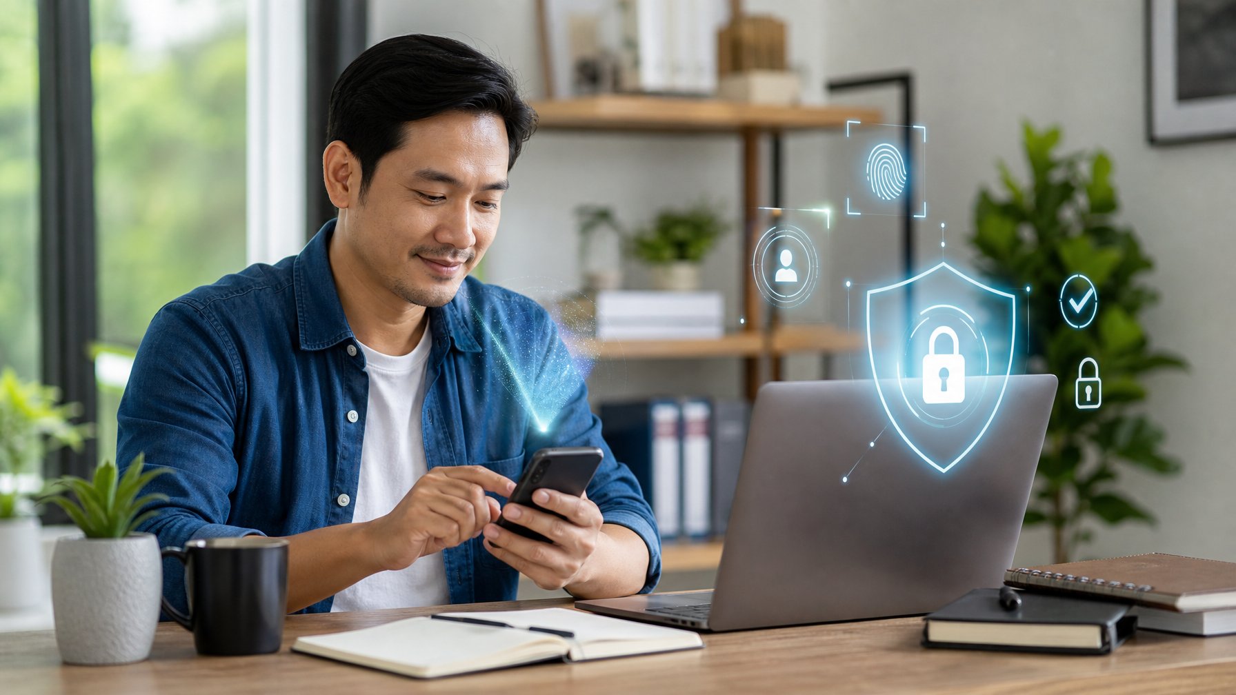 Seseorang memeriksa keamanan pembayaran dompet digital melalui ponsel di ruang kerja yang terang.