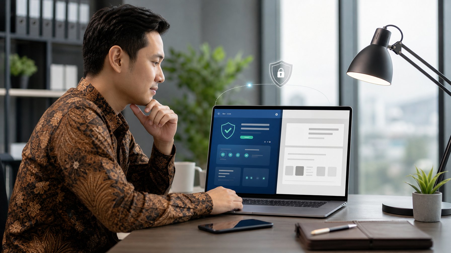 Seorang profesional membandingkan dua tampilan situs daring pada laptop di meja kerja modern.