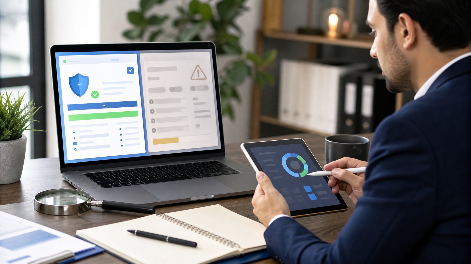 Seorang profesional membandingkan dua tampilan platform digital, dengan satu tampak aman dan teratur sementara yang lain terlihat biasa dan kurang rapi.