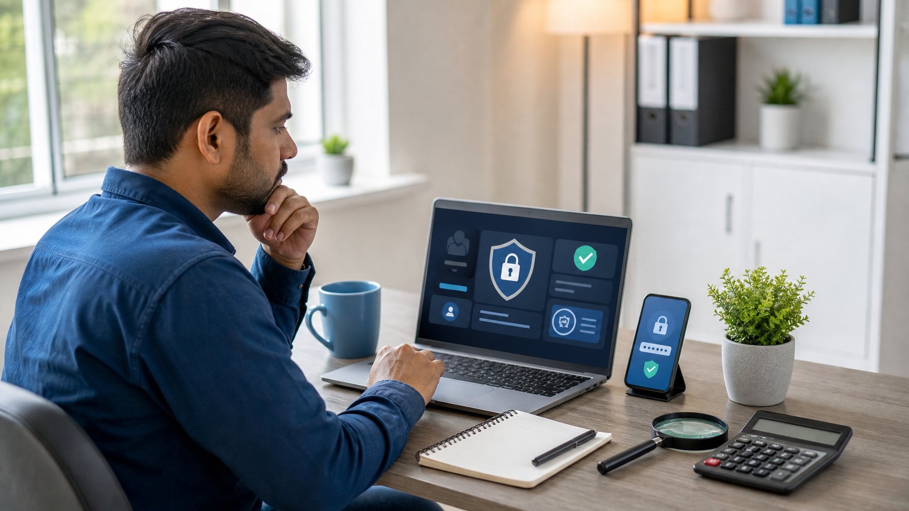 Seseorang memeriksa keamanan platform digital di laptop dengan ikon perisai dan kunci, ditemani ponsel serta perlengkapan pencatatan.
