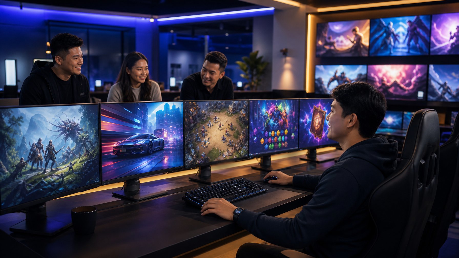 Orang dewasa menjelajahi berbagai permainan digital di ruang modern dengan beberapa monitor.