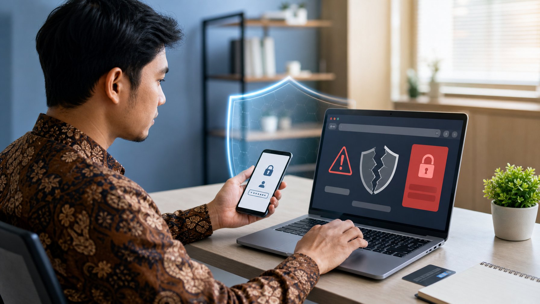 Seseorang memeriksa situs mencurigakan di laptop sambil melindungi informasi pribadinya dengan ponsel dan simbol keamanan.