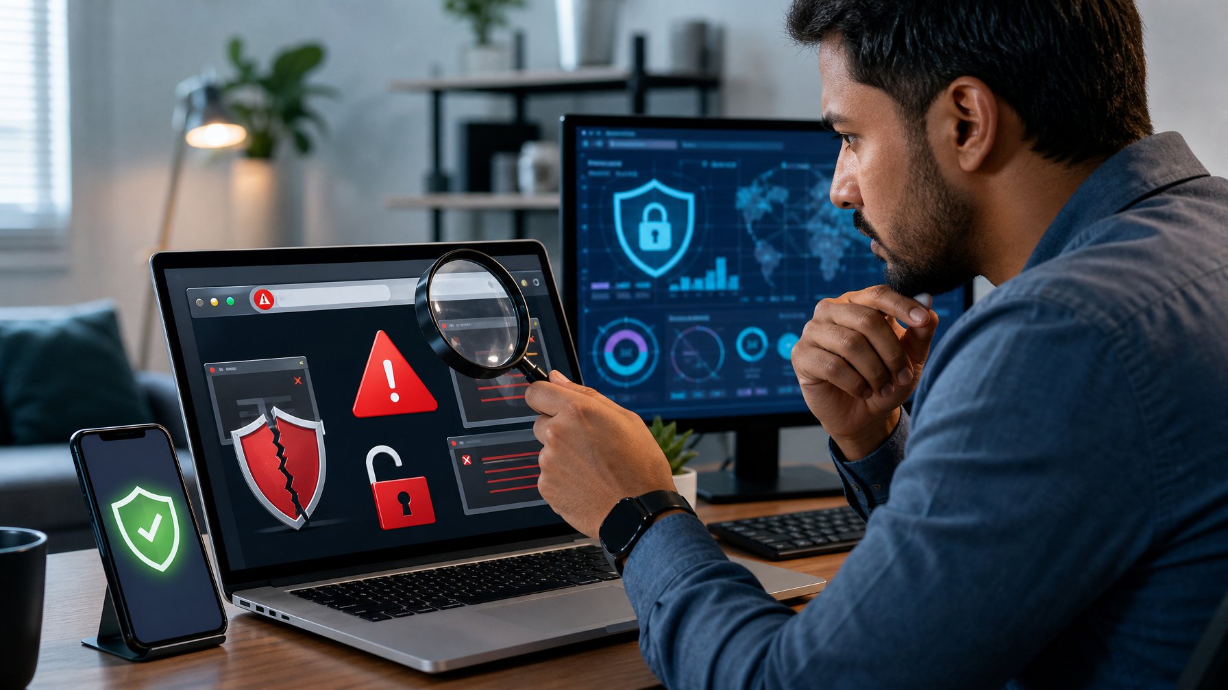 Seseorang memeriksa situs perjudian mencurigakan di laptop dengan simbol peringatan keamanan.