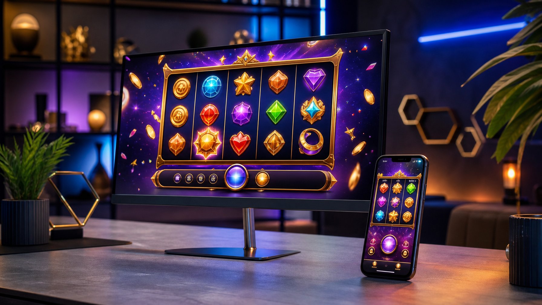 Perangkat digital menampilkan permainan slot berwarna-warni di atas meja modern dengan pencahayaan elegan.