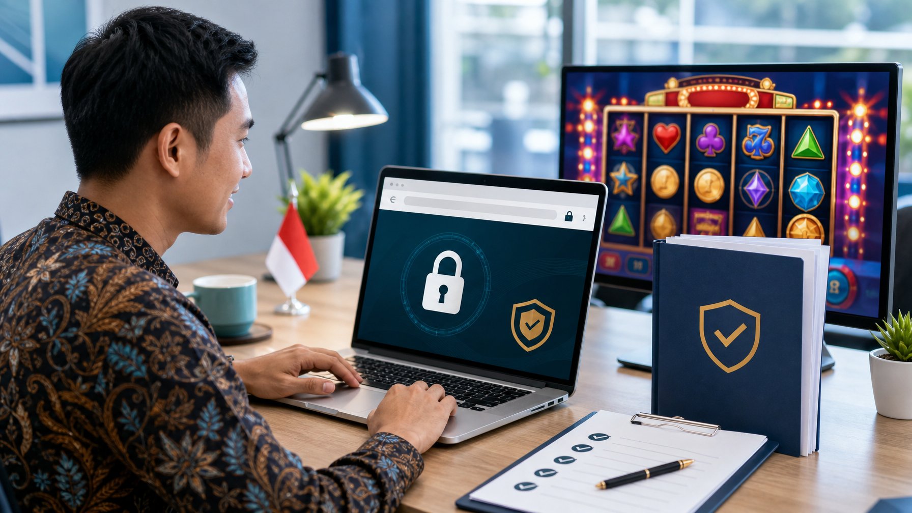 Orang dewasa meninjau platform permainan slot daring dengan simbol keamanan dan dokumen lisensi di ruang kerja modern.