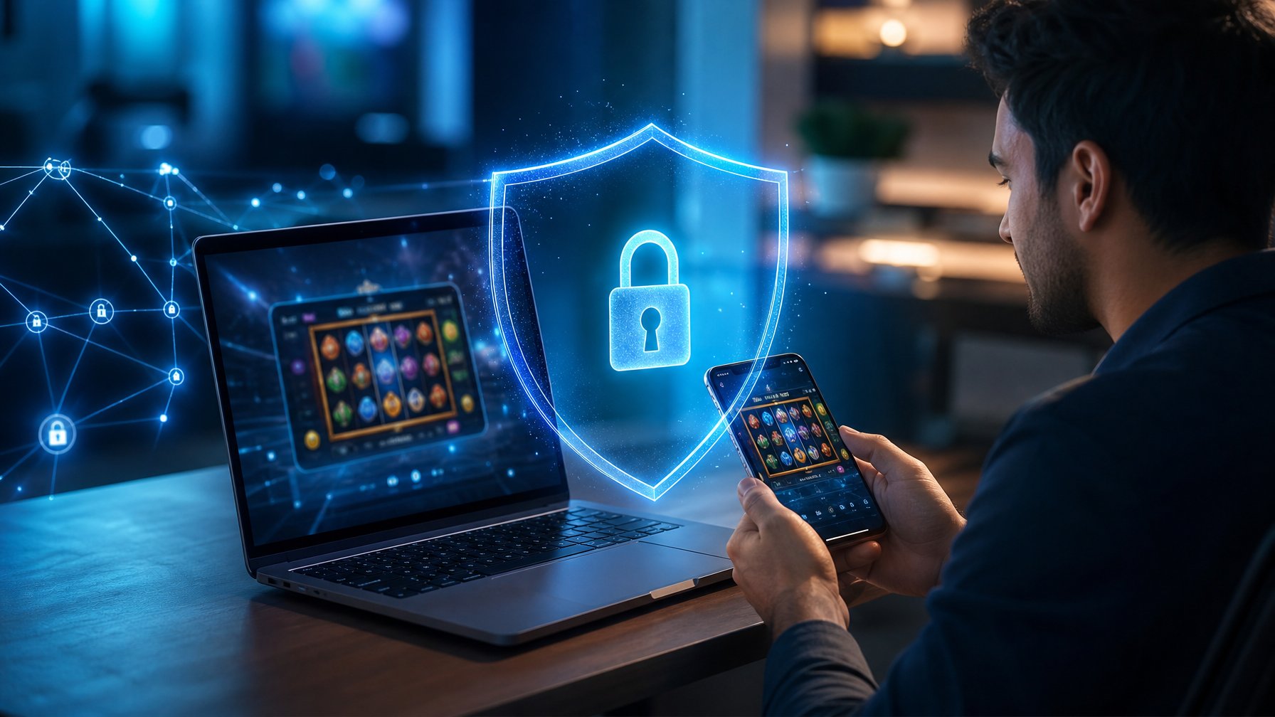 Seseorang menggunakan laptop dan ponsel dengan perlindungan keamanan digital berupa perisai dan gembok.