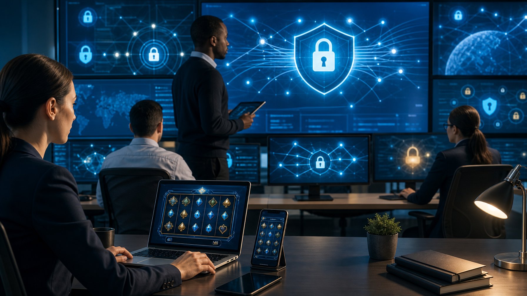 Tim keamanan siber memantau perlindungan data pemain melalui sistem digital yang aman.