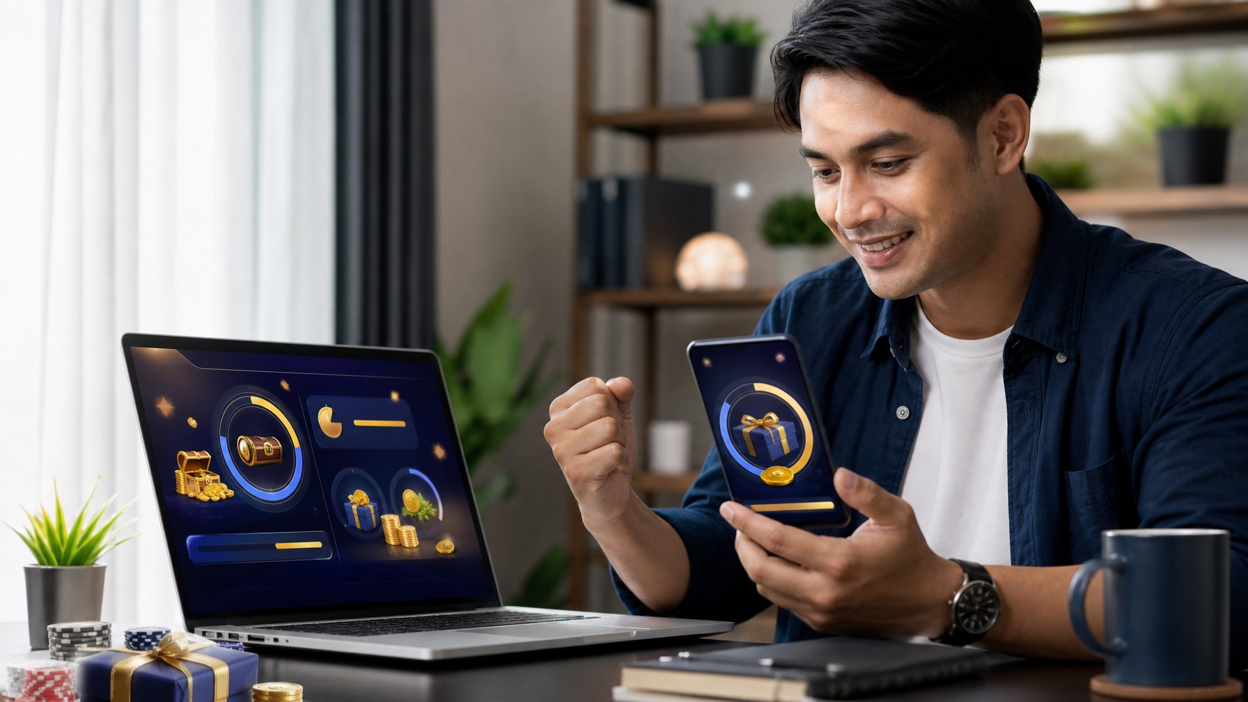 Seseorang memeriksa hadiah dan cashback pada perangkat digital di ruang kerja modern.