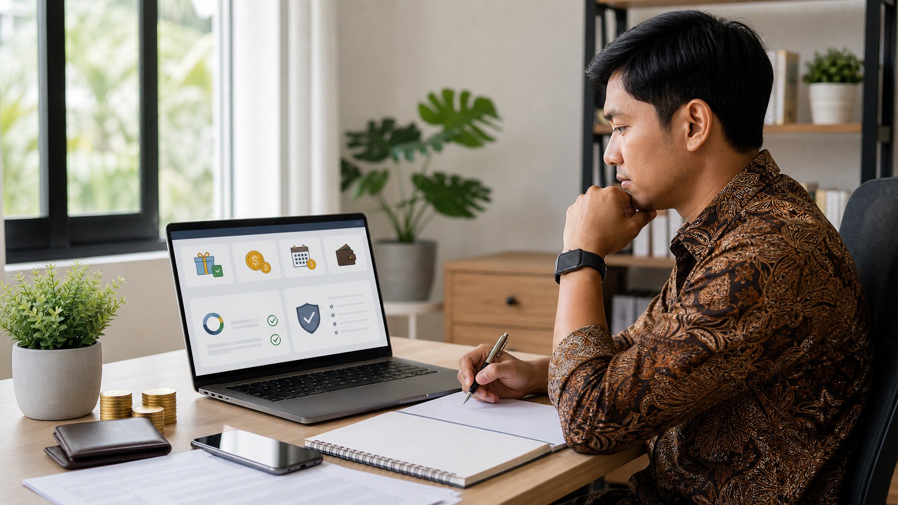 Seseorang memeriksa persyaratan bonus di laptop dengan dokumen dan kalkulator di meja.