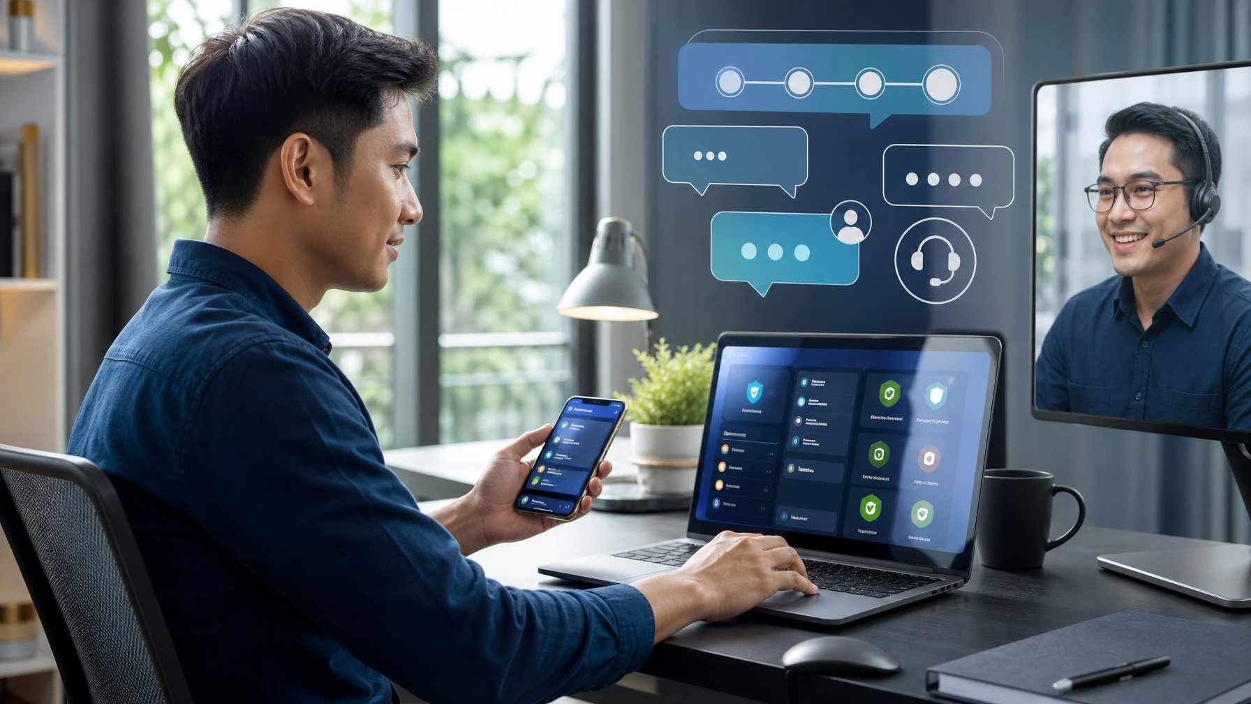 Pengguna meninjau layanan dan proses transaksi digital dengan bantuan petugas dukungan pelanggan.