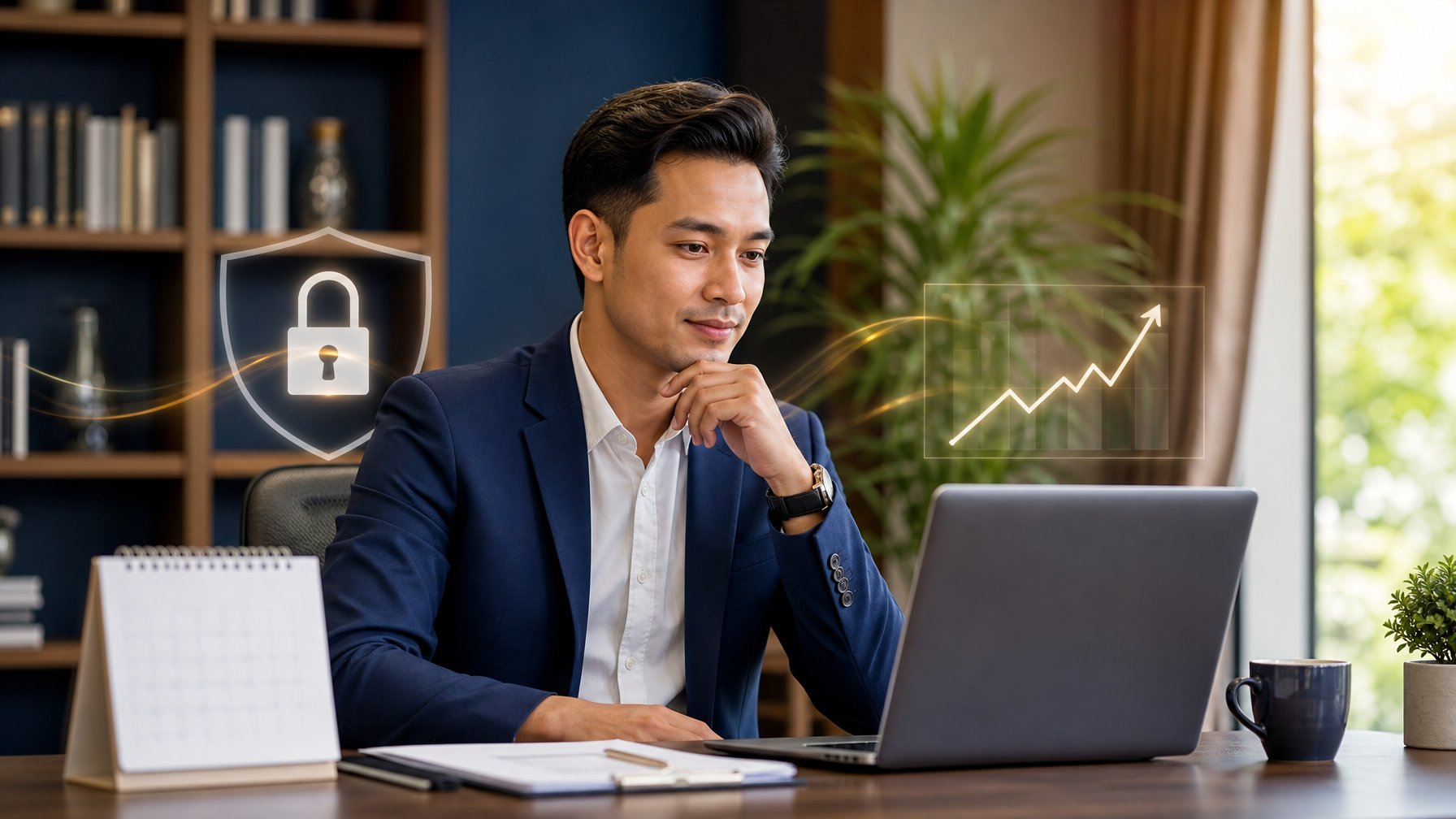 Seorang profesional meninjau keamanan dan keandalan platform daring di ruang kerja modern.