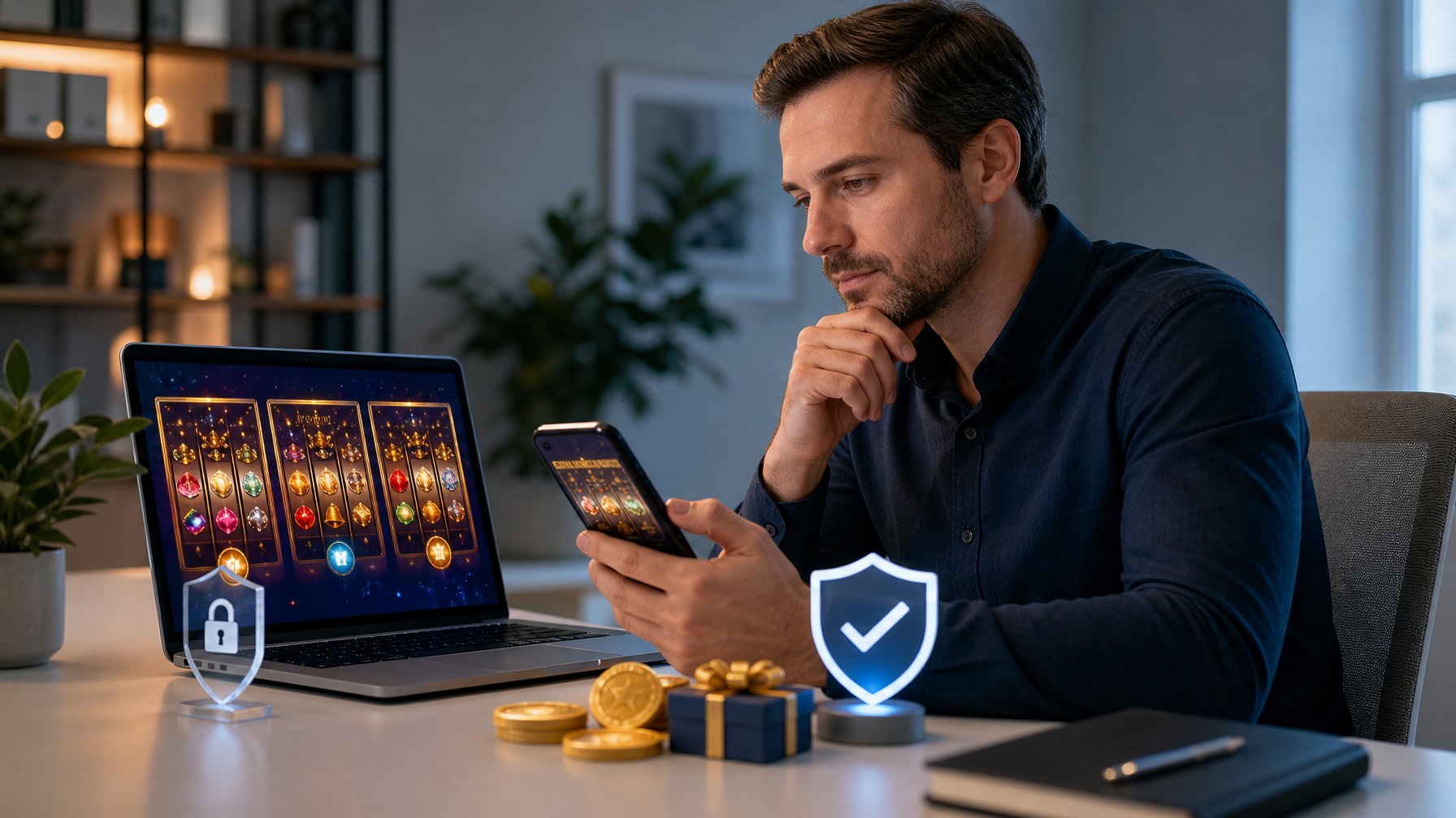 Seseorang membandingkan pilihan permainan slot online di laptop dan ponsel dengan simbol keamanan di meja kerja modern.