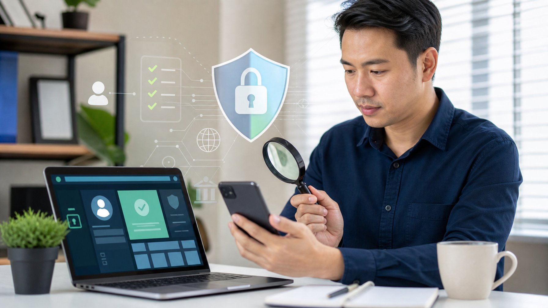 Seseorang memeriksa keamanan dan legalitas platform online menggunakan laptop, ponsel, simbol perisai, dan daftar verifikasi.