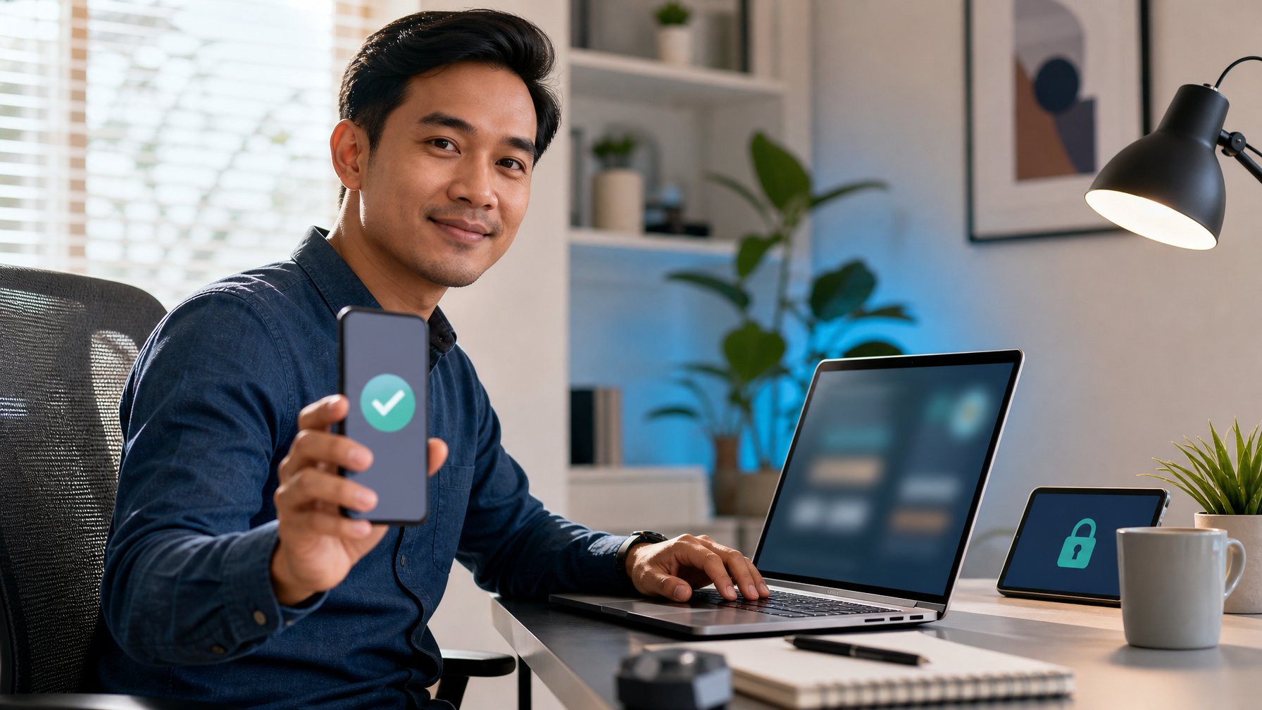Seseorang menggunakan laptop di ruang kerja modern dengan perangkat yang menampilkan simbol keamanan digital.